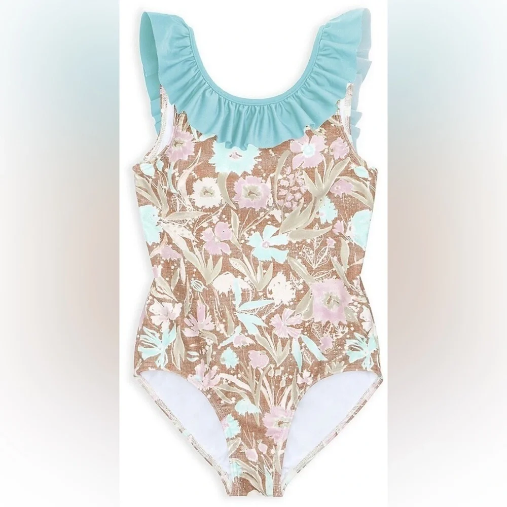 Girls Floral Ruffle One-Piece Swimsuit - Mint & Blush